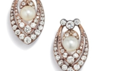 A Pair of Antique Cultured Pearl and Diamond Earrings