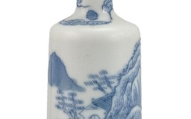 CHINESE BLUE AND WHITE PORCELAIN SNUFF BOTTLE In cylindrical form, with figural landscape decoration. Height 3.25". Celadon green st...