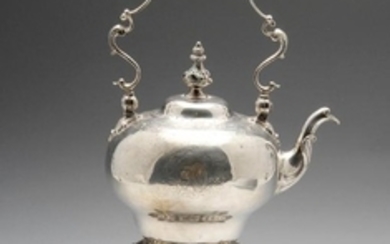 A George II silver tea kettle on stand, the body of
