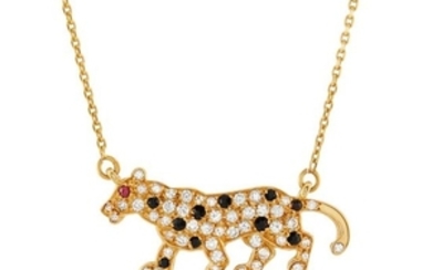 Gold, Black Onyx and Diamond Panther Pendant and Chain
