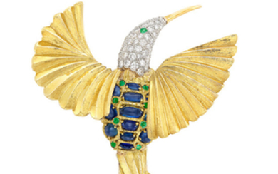 Gold, Platinum, Diamond, Cabochon Sapphire and Emerald Bird Brooch