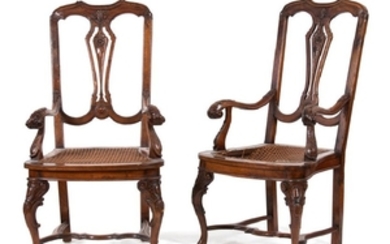 A Pair of Italian Carved Walnut Open Armchairs