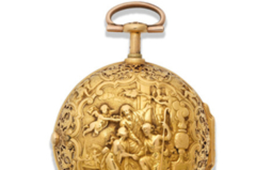 John Prou, London. A gold key wind repeating pair case pocket watch with repousse decoration