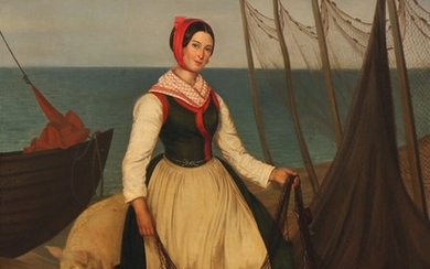 Julius Friedlænder: A young woman in folk costume emptying the nets, presumably on the coast of Zealand. Signed and dated I. F. 1856. Oil on canvas. 76×60 cm.