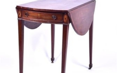 A late Georgian mahogany Pembroke table with overhanging oval top, decorated with inlaid satinwood cross banding and shell...