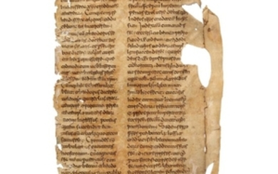 Leaf from a very large copy of the Acta Sanctorum, with parts of the Passion of St. Theodore the Martyr, in Beneventan minuscule, in Latin, manuscript on parchment [Italy (probably Monte Cassino), eleventh century]