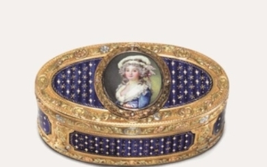 A LOUIS XV ENAMELLED VARI-COLOR GOLD SNUFF-BOX, MAKER'S MARK INDISTINCT, PARIS, 1771/1772, WITH THE CHARGE AND DECHARGE MARKS OF JULIEN ALATERRE 1768-1774, STRUCK WITH TWO FRENCH POST-1864 IMPORT MARKS FOR GOLD