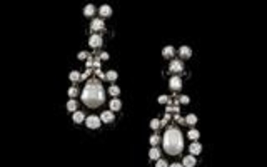 A pair of old-cut diamond and Oriental pearl ear pendants