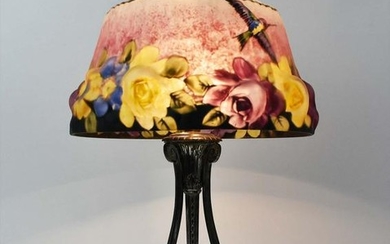 PAIRPOINT PAINTED PUFFY HUMMINGBIRD GLASS TABLE LAMP