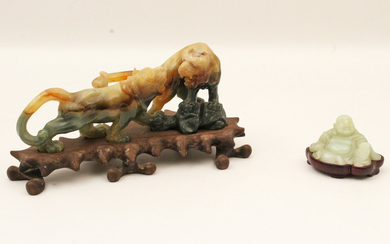 2 PCS., JADE FIGURES OF 2 LIONS AND A BUDDHA