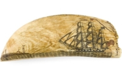 POLYCHROME SCRIMSHAW WHALE'S TOOTH BY EDWARD BURDETT Inscribed on lower edge "Engraved. by Edward Burdett. of Nantucket. onboard of...