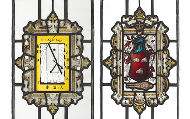 A rare Charles II stained glass sundial, and another heraldic stained glass panel, circa 1675, possibly by John Oliver (1616-1701)