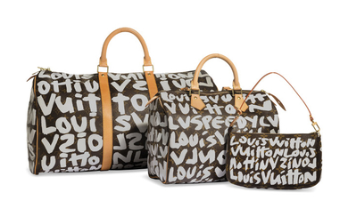 A SET OF THREE: A LIMITED EDITION SILVER MONOGRAM GRAFFITI KEEPALL 50 A LIMITED EDITION SILVER MONOGRAM GRAFFITI SPEEDY 30 A LIMITED EDITION SILVER MONOGRAM GRAFFITI POCHETTE, LOUIS VUITTON BY STEPHEN SPROUSE, SPRING 2001