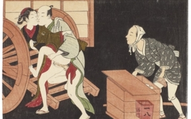 SUZUKI HARUNOBU (1725–1770) A COUPLE AND NOODLE VENDOR IN THE NIGHT EDO PERIOD, 18TH CENTURY