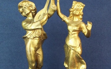 Pair of TOC era alloy spelter figurines. 'Musique & la Danse' 14'' tall on ebonised bases