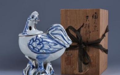An unusual Chinese blue and white 'Cockerel' censer and cover