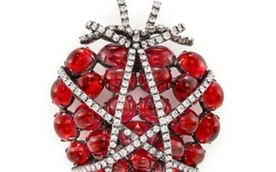 Metal, Cabochon Red Glass and Rhinestone Heart Brooch, Iradj Moini