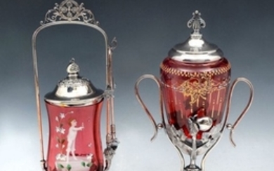 2 PIECE MARY GREGORY GLASS COVERED JARS