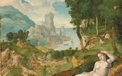 Antwerp School, circa 1550, A nymph, or possibly Ariadne, reclining in an extensive mountainous seascape by cavorting satyrs, a village beyond