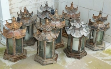 Set of Eight Metal Hexagonal Pagoda-Form Lanterns