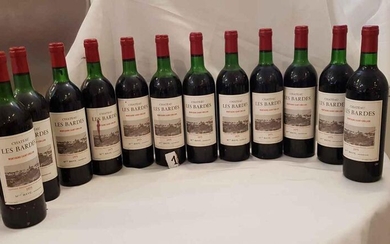 12 bottles château LES BARDES 1975 MONTAGNE SAINT EMILION 4 low neck and 8 high shoulder.1 stained label.