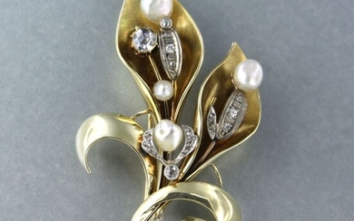 14 kt. Freshwater pearl, White gold, Yellow gold - Brooch - 0.20 ct Diamond