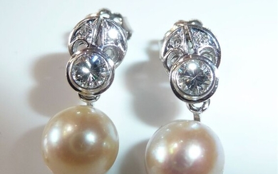 14 kt. White gold - Earrings - 0.50 ct Diamonds + 2 Akoya pearls 8.2 mm