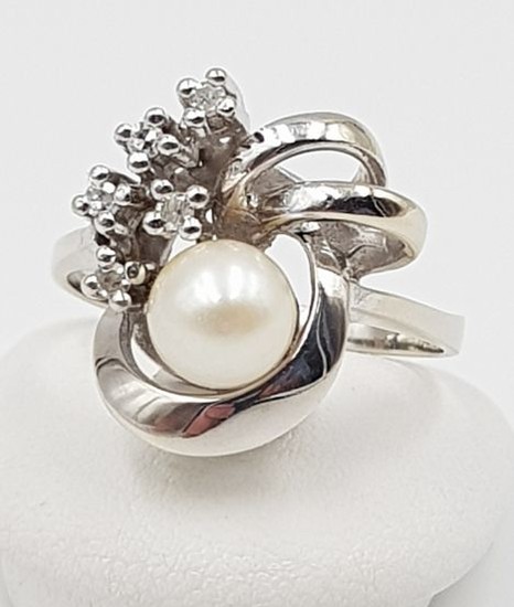 14 kt. White gold - Pearl Ring - 585 White Gold - 1 Freshwater Pearl + 5 Diamonds pearl - Diamond