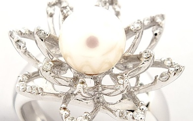 14 kt. White gold - Ring Freshwater Pearl - Diamonds