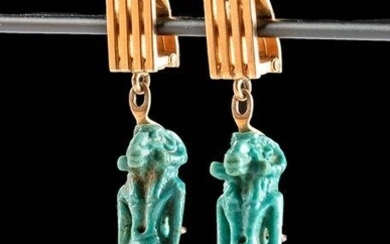 14K+ Gold Earrings w/ Egyptian Faience Khnum Pendants