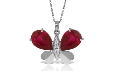 14K Solid White Gold Batterfly Necklace WithNatural Diamonds & Ruby