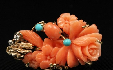 14K Y/G CORAL FLORAL CARVED PENDANT/PIN