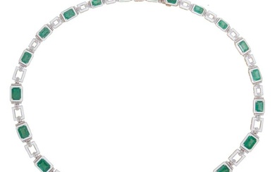 14K Yellow Gold Emerald and White Enamel Art Deco Style Link Necklace, Total Emerald Wt.- 24.03