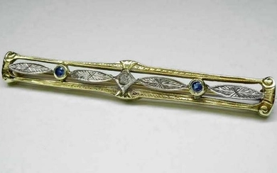 14KT YELLOW WHITE GOLD DIAMOND AND SAPPHIRE LINE BROOCH