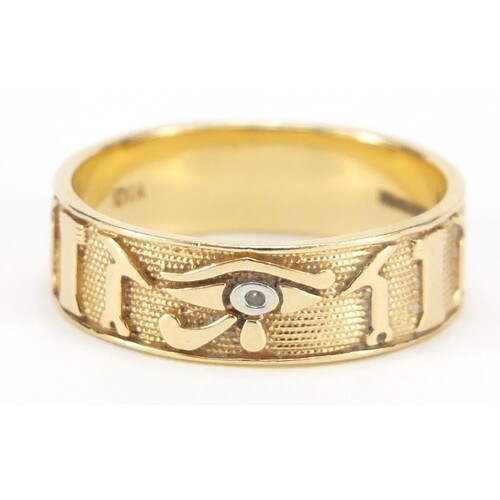 14ct gold Egyptian hieroglyphic ring set with a diamond, siz...