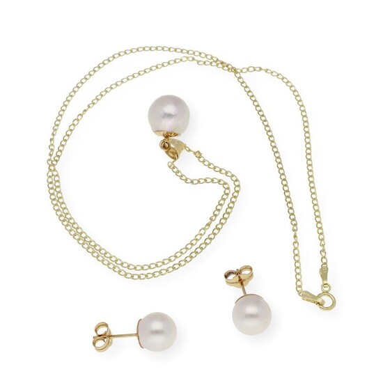 18 kt. Akoya pearl, Yellow gold, 8.0 & 9.8 mm - Earrings, Necklace with pendant