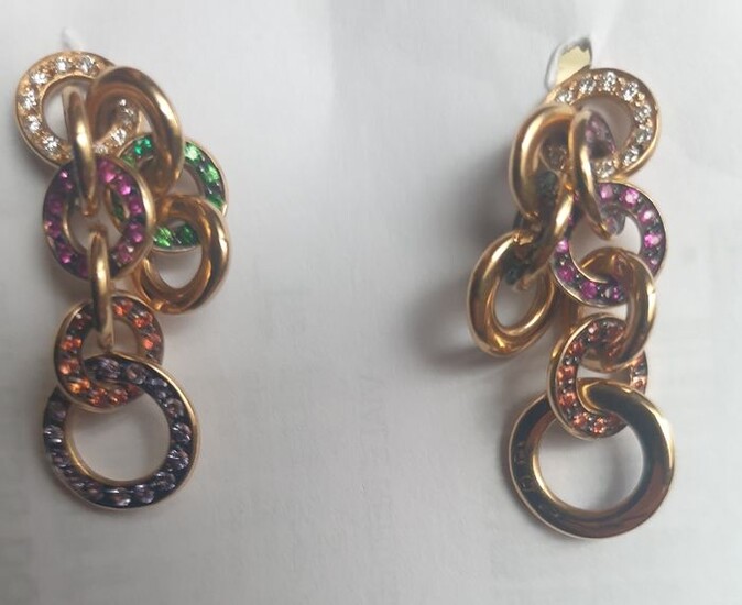 18 kt. Pink gold - Earrings - 0.48 ct Diamond - Emeralds, Ruby, Sapphires