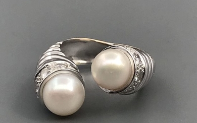 18 kt. Saltwater pearls, White gold - Ring - Diamonds