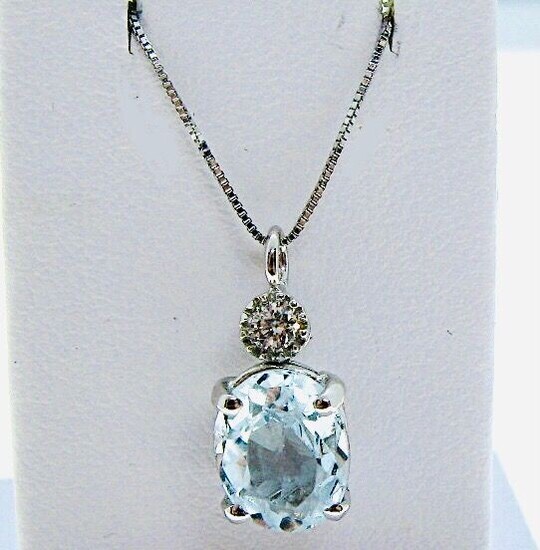18 kt. White gold - Necklace with pendant - 1.18 ct Aquamarine - Diamonds