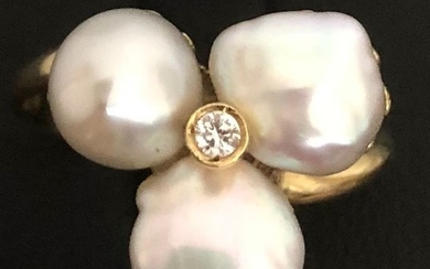 18 kt. Yellow gold - Ring - 0.05 ct Diamond - Baroque pearls 7.5 mm