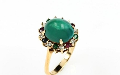 18 kt gold ring with turquoise, coloured stones and