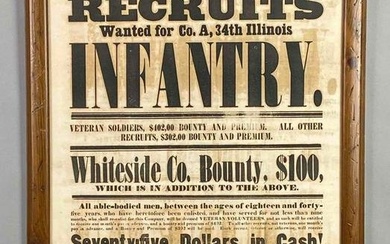 1864 Civil War 34th Illinois Infantry Recruiting Broadside Poster