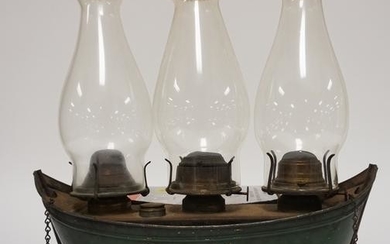 1870 TIN BOAT SHAPE TRIPLE HANGING LAMP