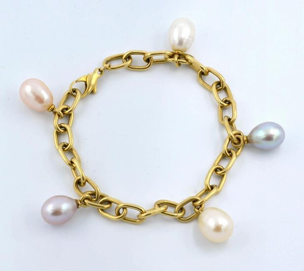 18K Gold oval link bracelet with multi-colored pearls.