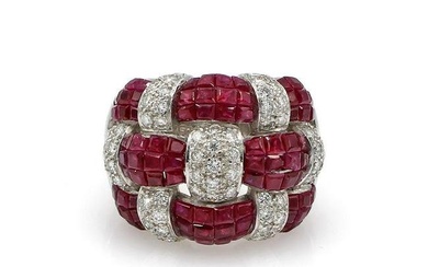 18K White Gold Ruby & Diamond Woven Ring