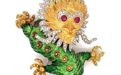 18K Yellow Gold Diamond & Ruby Chinese Dragon Brooch