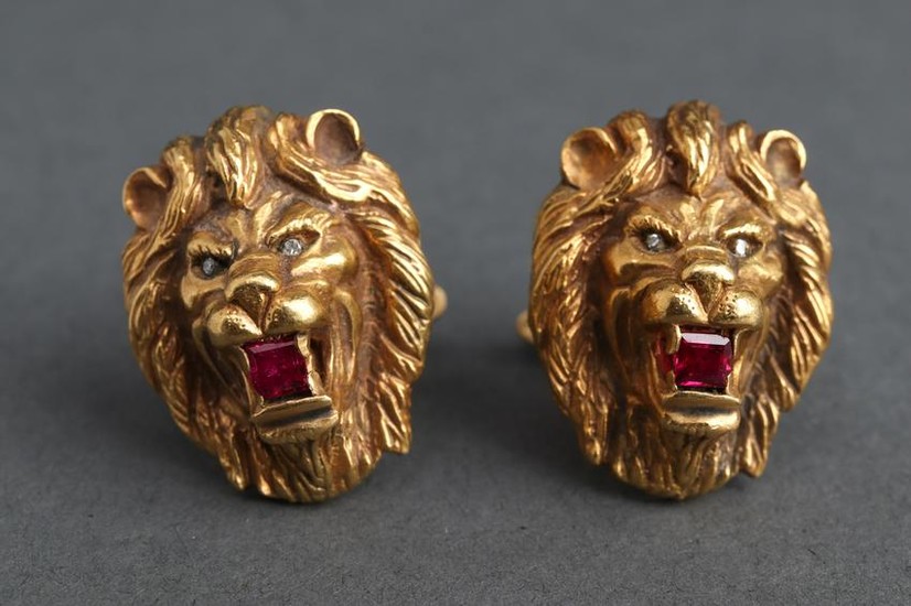 18K Yellow Gold Ruby & Diamond Lion Head Cufflinks