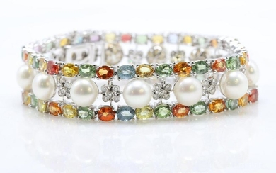 18KW Gold Sapphire, Pearl and Diamond Bracelet