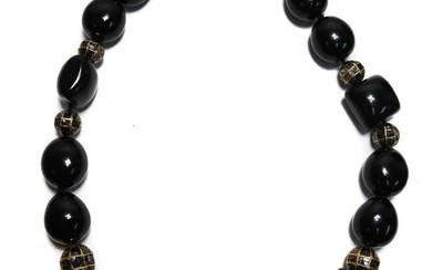 18k Yellow Gold Onyx and Nephrite and Yellow and Black Diamond Beaded Necklace