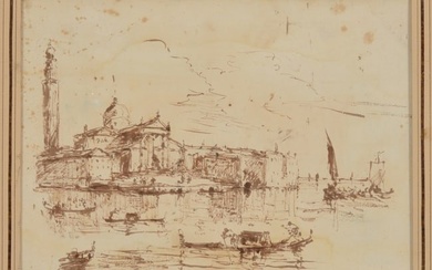 18th century Guardi style old master drawing of Venice. Framed. Sight: 7.5 x 9.75in. Overall: 13.75